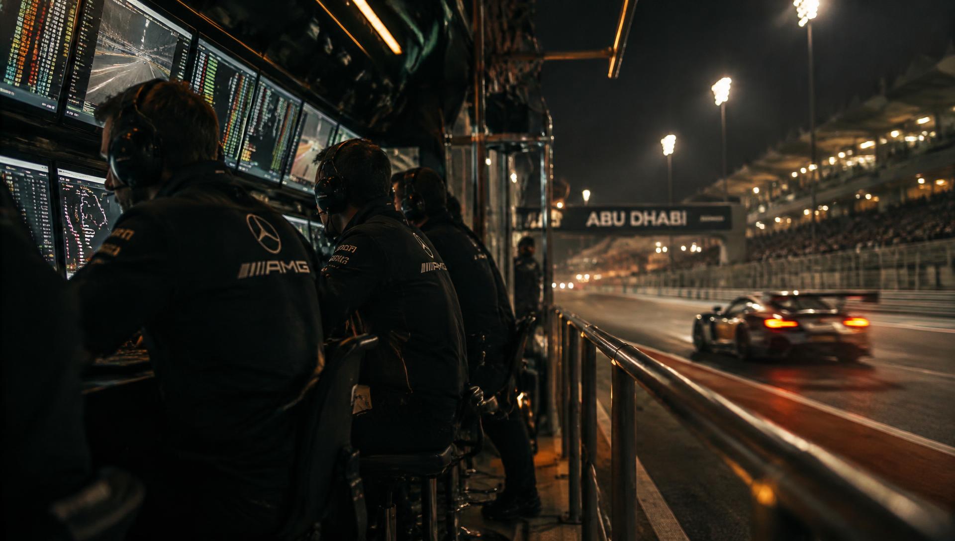 Race engineers on the pit wall watching timing screens during a night race
